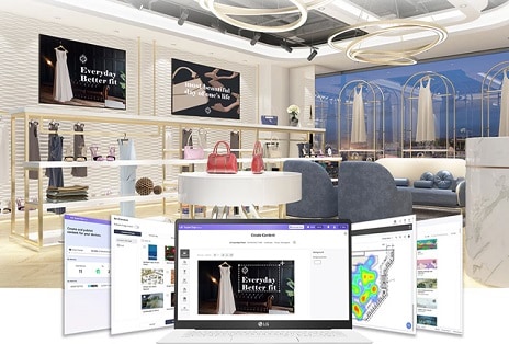 Dieses Bild zeigt einen Laptop, auf dem die tats?chliche LG SuperSign Cloud-L?sung ausgeführt wird, wobei der Bildschirminhalt auf einer Hintergrundanzeige durch die L?sung reflektiert wird.	