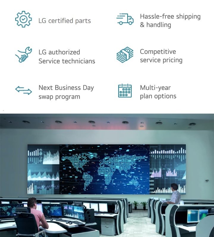 Infografik mit LG ExtendedCare-Funktionen: zertifizierte Teile, autorisierte Techniker, unkomplizierter Versand, wettbewerbsf?hige Preise, Swap am n?chsten Werktag und mehrj?hrige Pl?ne. Begleitet von einem Bild eines Kontrollraums mit erweiterten Datenvisualisierungsbildschirmen.
