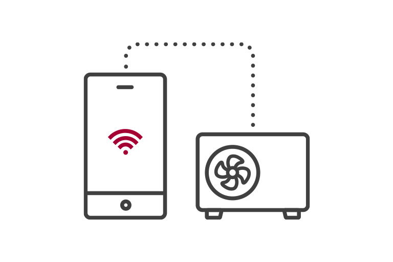 Links ist ein Smartphone mit WLAN-Signal zu sehen, das über eine gestrichelte Linie mit einem LG Luft-Wasser-W?rmepumpen-Monoblock-Au?enger?t auf der rechten Seite verbunden ist.