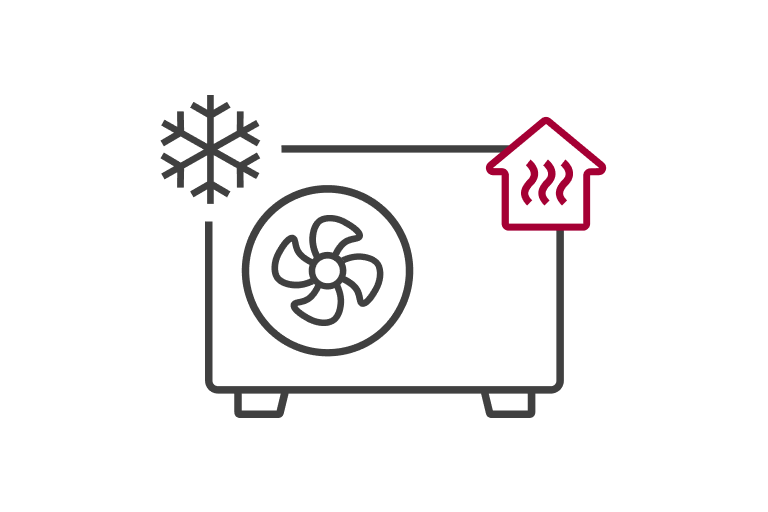 über dem Lüfter der Luft-Wasser-W?rmepumpe befindet sich links oben eine Schneeflocke und rechts unten ein ged?mpfter Boden.