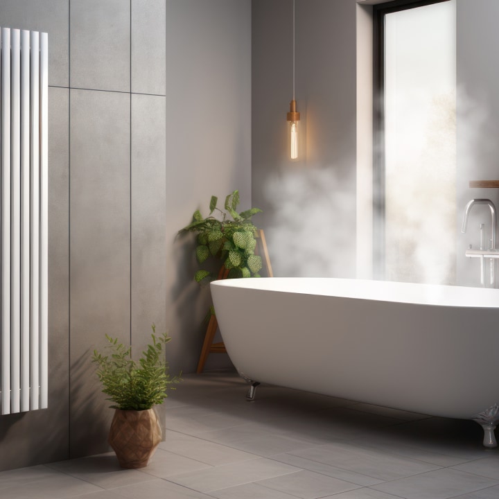 Das R290-Innenger?t ist auf der linken Seite des Wohnbads installiert und aus der wei?en Badewanne auf der rechten Seite steigt Dampf auf.