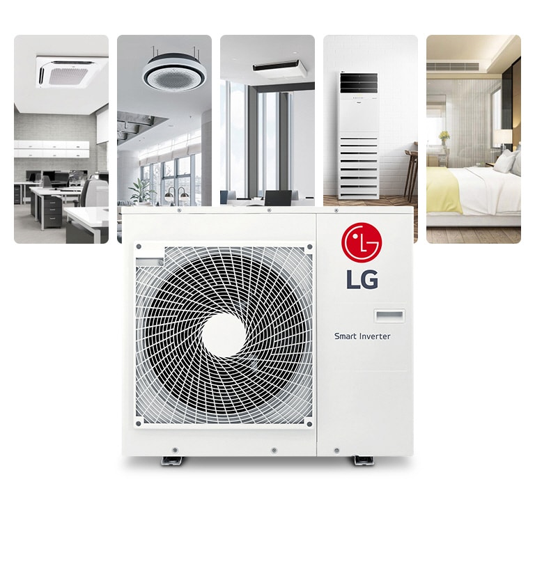 In der Mitte ein LG Smart Inverter-Au?enger?t, dahinter verschiedene Installationsgeh?use für Innenger?te. 