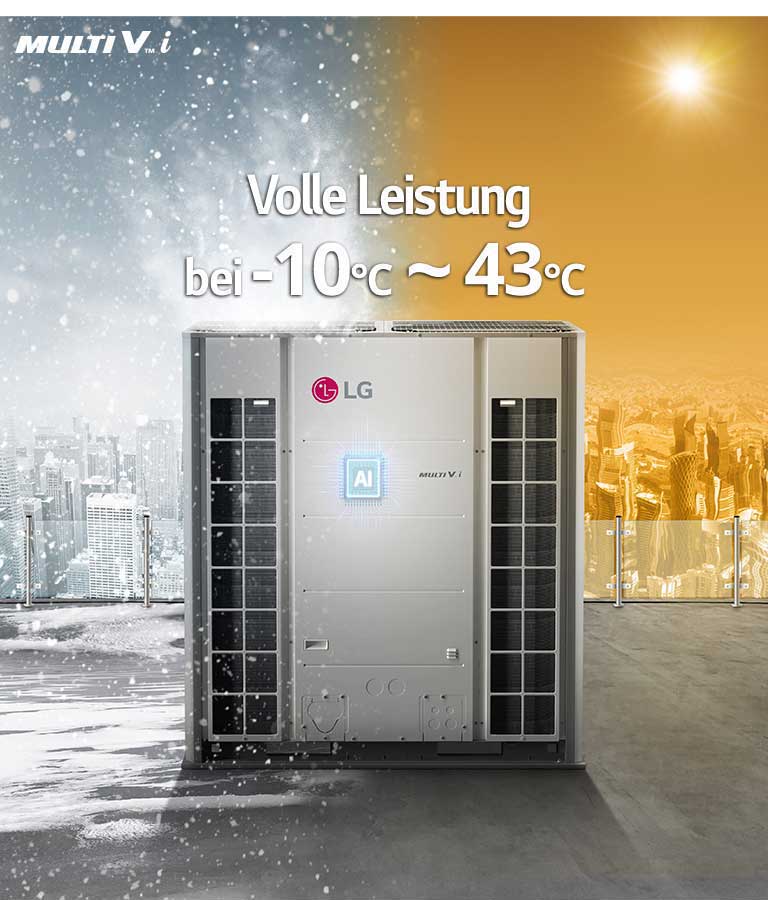 MULTI V i wird auf dem Dach des Geb?udes installiert, Im Hintergrund ist winterliche K?lte und sommerliche Hitze zu sehen. Der folgende Text wird oben auf dem Produkt hervorgehoben: 'Volle Leistung in -10℃ bis 43℃'