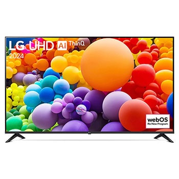 Frontansicht des LG UHD AI ThinQ 4K UT73 Smart TV mit lebendigem Startbildschirm auf wei?em Hintergrund.