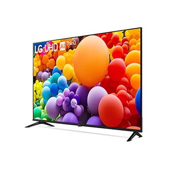 Linke schr?ge Frontansicht des LG UHD AI ThinQ 4K UT73 Smart TV mit bunter Benutzeroberfl?che.