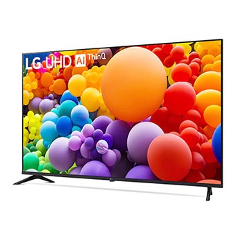 Frontansicht des LG UHD AI ThinQ 4K UT73 Smart TV mit Benutzeroberfl?che, leicht von vorne rechts betrachtet.