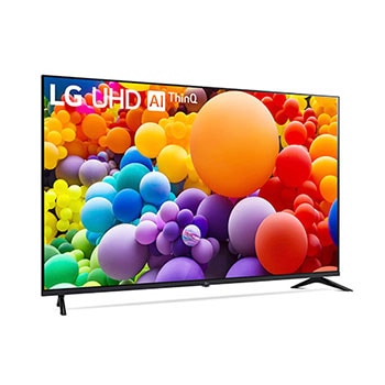 Rechte schr?ge Frontansicht des LG UHD AI ThinQ 4K UT73 Smart TV mit buntem Startbildschirm.