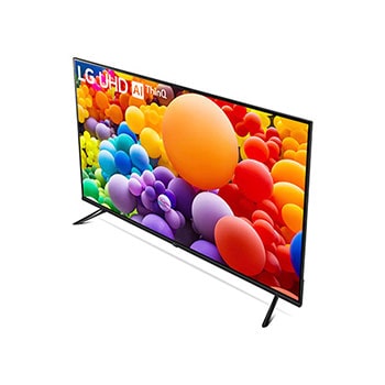 Rechte schr?ge Rückansicht des LG UHD AI ThinQ 4K UT73 Smart TV mit Blick auf die Rückseite und die Fü?e.