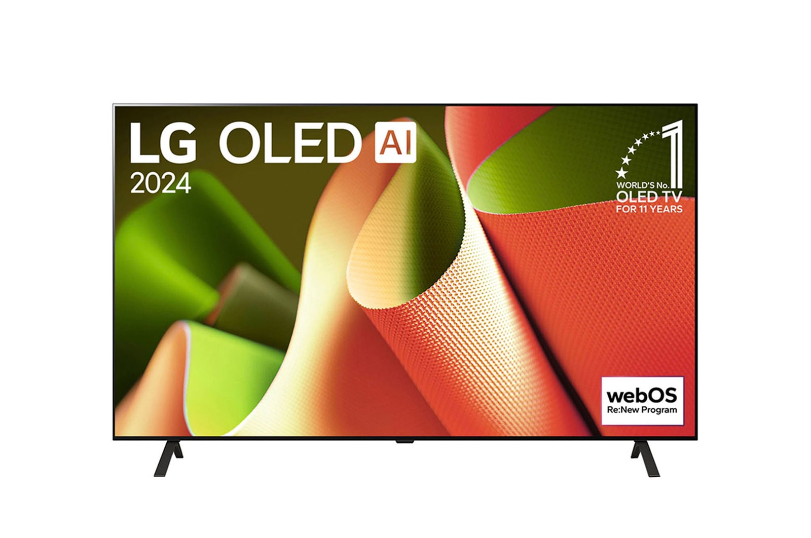 Frontansicht des LG OLED AI B4 4K Smart TVs mit rahmenlosem Design, ?LG OLED AI 2024“- und ?Weltweit Nr.?1 OLED-TV seit 11 Jahren“-Logos sowie webOS Re:New Program Branding.
