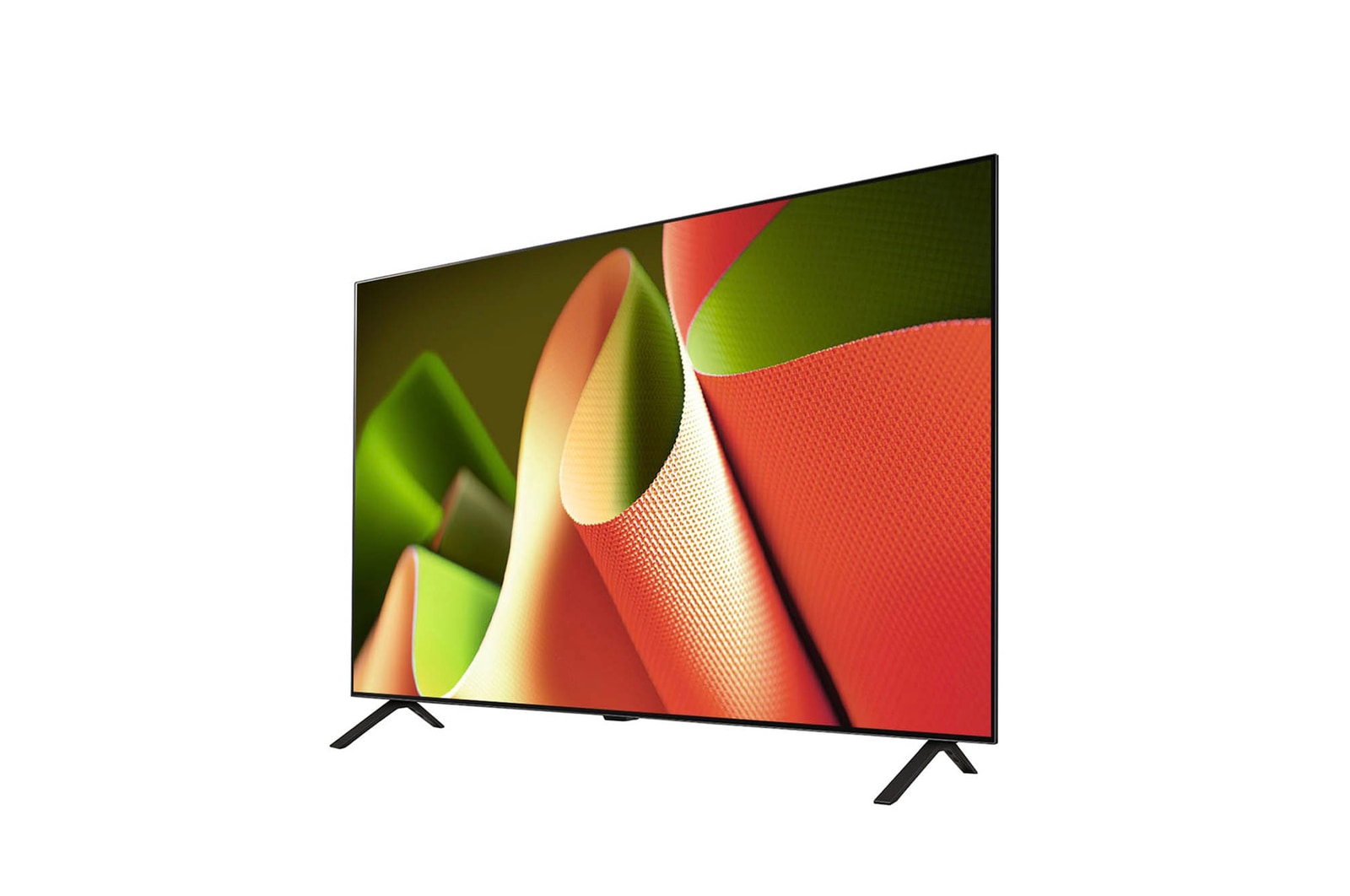 Rechtsseitige flache Ansicht des LG OLED AI B4 4K Smart TVs, die sein ultradünnes Geh?use und die V-f?rmigen Standfü?e hervorhebt.