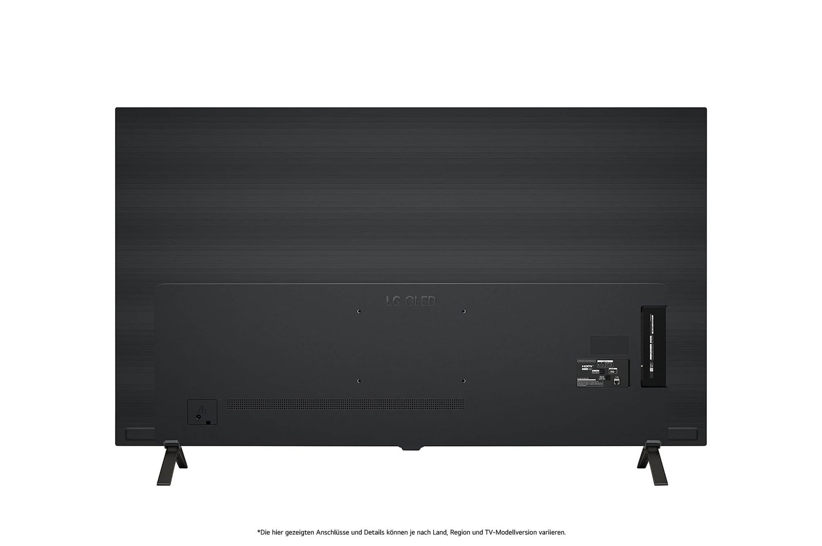 Rückansicht des LG OLED AI B4 4K Smart TVs mit ebenem Rückgeh?use und zwei V-f?rmigen Standfü?en.