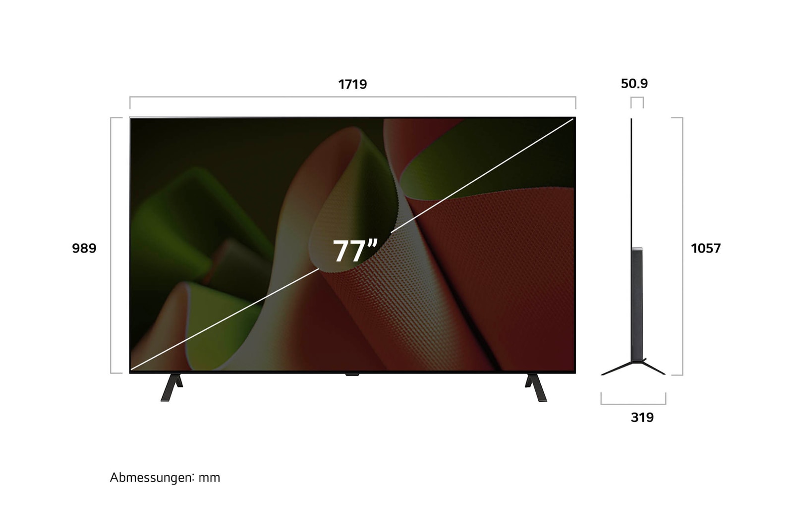 Abmessungsdiagramm des LG OLED AI B4 4K Smart TVs: Breite 1719?mm, H?he 989?mm (Panel), 1057?mm mit Standfu?, Tiefe 50,9?mm ohne Standfu?, 319?mm mit Standfu?.