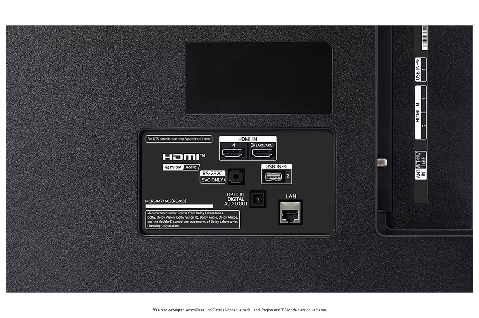 Detailansicht der Rückseite des LG OLED AI B4 4K Smart TVs mit HDMI IN?3 (eARC/ARC) und 4, USB IN?2, optischem Digital-Audio-Ausgang, RS?232C-Serviceport, LAN- und ANT/Cable-Anschlüssen.