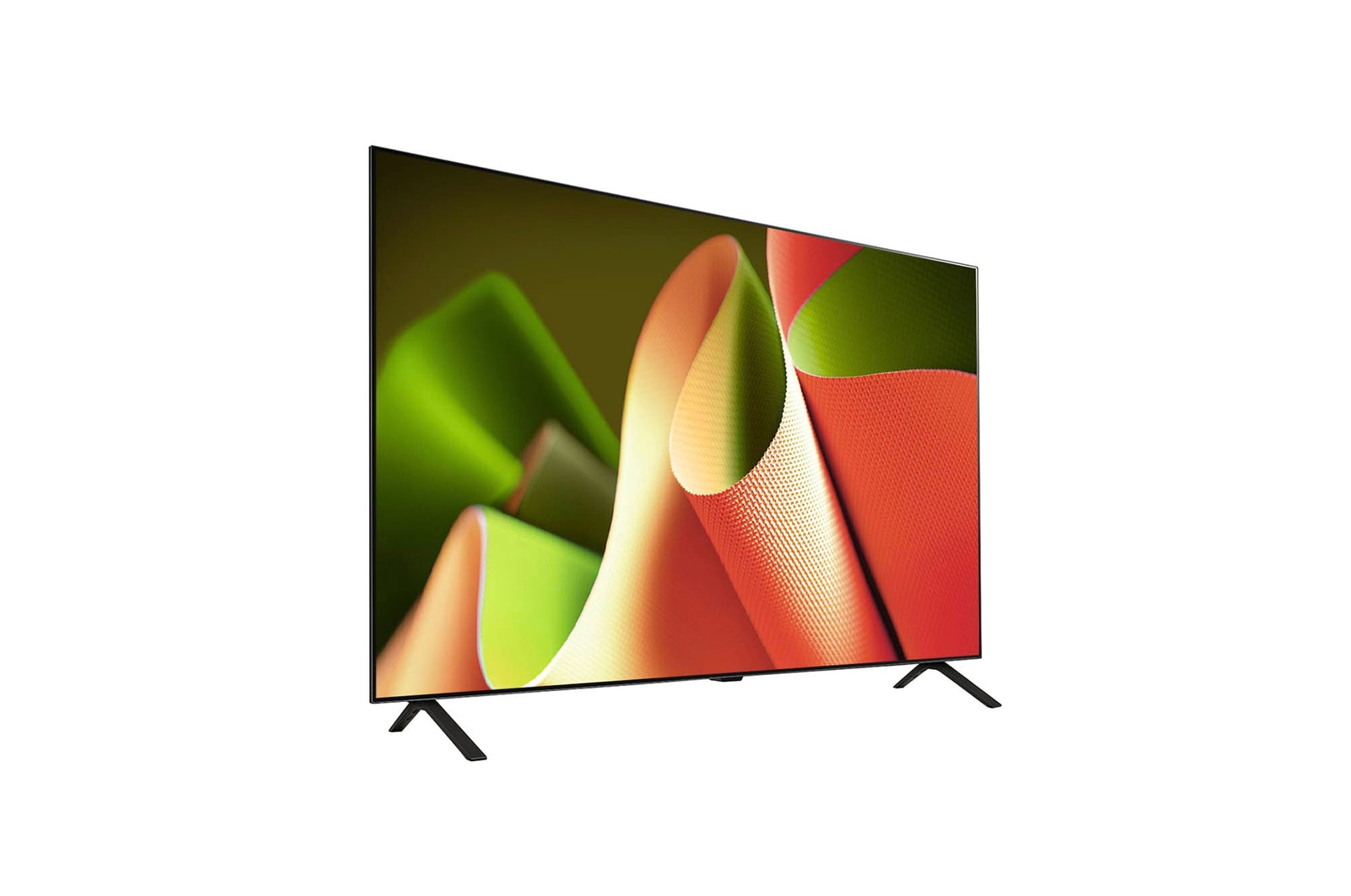 Tief geneigte Ansicht von der rechten Seite des LG OLED AI B4 4K Smart TV, die sein schlankes Seitenprofil und den Standfu? zeigt.