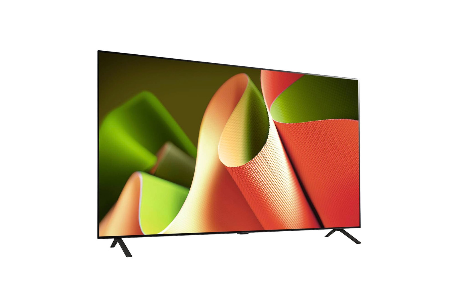 Leicht geneigte Ansicht von der rechten Seite des LG OLED AI B4 4K Smart TV, die seine schlanke Blende und den Standfu? hervorhebt.