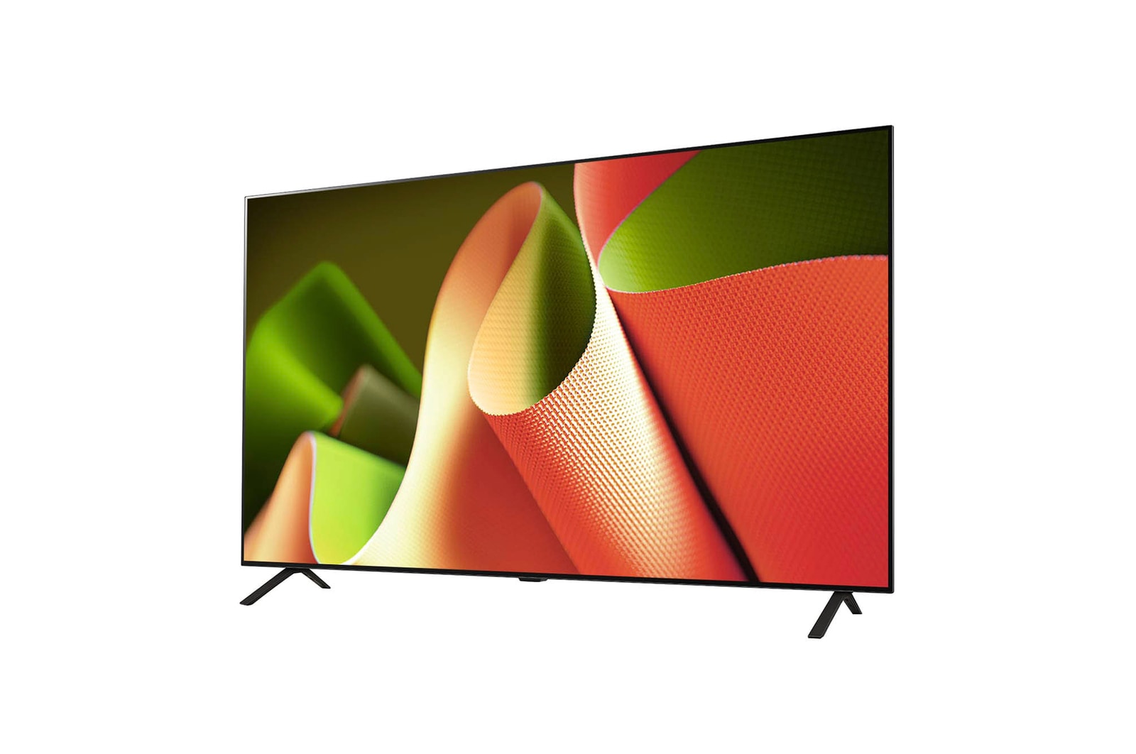 Leicht geneigte Ansicht von der linken Seite des LG OLED AI B4 4K Smart TV, die seine schlanke Blende und den Standfu? hervorhebt.