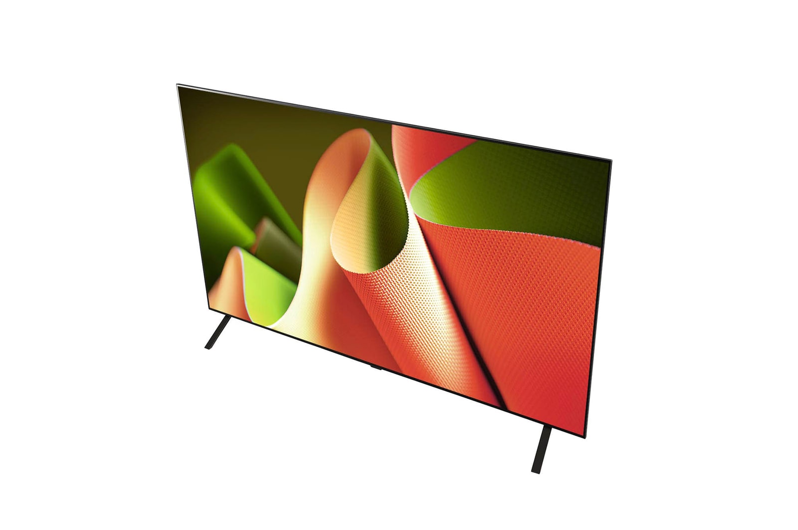Schr?gansicht von oben rechts auf den LG OLED AI B4 4K Smart TV, die die linke Seite und den schlanken Rahmen zeigt.
