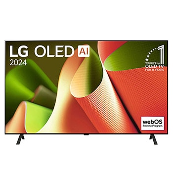 Frontansicht des LG OLED AI B4 4K Smart TVs mit rahmenlosem Design, ?LG OLED AI 2024“- und ?Weltweit Nr.?1 OLED-TV seit 11 Jahren“-Logos sowie webOS Re:New Program Branding.