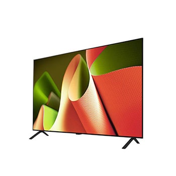 Rechtsseitige flache Ansicht des LG OLED AI B4 4K Smart TVs, die sein ultradünnes Geh?use und die V-f?rmigen Standfü?e hervorhebt.