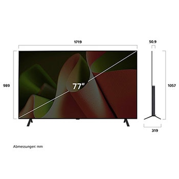 Abmessungsdiagramm des LG OLED AI B4 4K Smart TVs: Breite 1719?mm, H?he 989?mm (Panel), 1057?mm mit Standfu?, Tiefe 50,9?mm ohne Standfu?, 319?mm mit Standfu?.