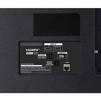 Detailansicht der Rückseite des LG OLED AI B4 4K Smart TVs mit HDMI IN?3 (eARC/ARC) und 4, USB IN?2, optischem Digital-Audio-Ausgang, RS?232C-Serviceport, LAN- und ANT/Cable-Anschlüssen.