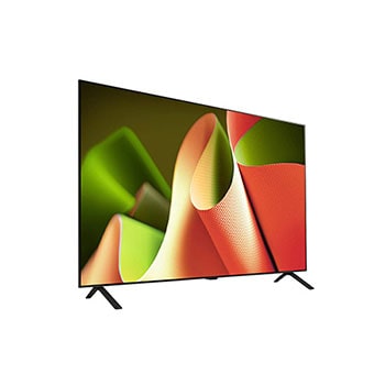 Tief geneigte Ansicht von der rechten Seite des LG OLED AI B4 4K Smart TV, die sein schlankes Seitenprofil und den Standfu? zeigt.