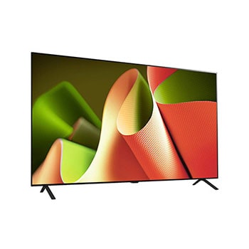 Leicht geneigte Ansicht von der rechten Seite des LG OLED AI B4 4K Smart TV, die seine schlanke Blende und den Standfu? hervorhebt.