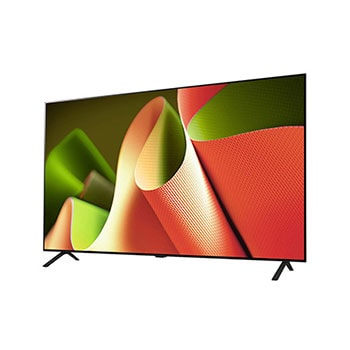 Leicht geneigte Ansicht von der linken Seite des LG OLED AI B4 4K Smart TV, die seine schlanke Blende und den Standfu? hervorhebt.