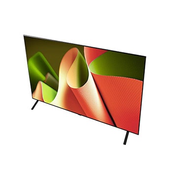Schr?gansicht von oben rechts auf den LG OLED AI B4 4K Smart TV, die die linke Seite und den schlanken Rahmen zeigt.
