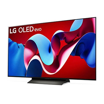 Schr?gansicht von links auf den LG OLED evo AI C4 4K Smart TV mit brillanter Bilddarstellung und webOS-Branding