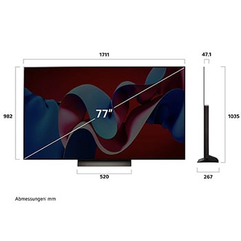 Ma?zeichnung des 77-Zoll LG OLED evo AI C4 4K Smart TV mit Abmessungen in Millimetern