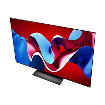 Obere Front-Schr?gansicht des LG OLED evo AI C4 4K Smart TV mit flachem Profil und intensiver Farbdarstellung