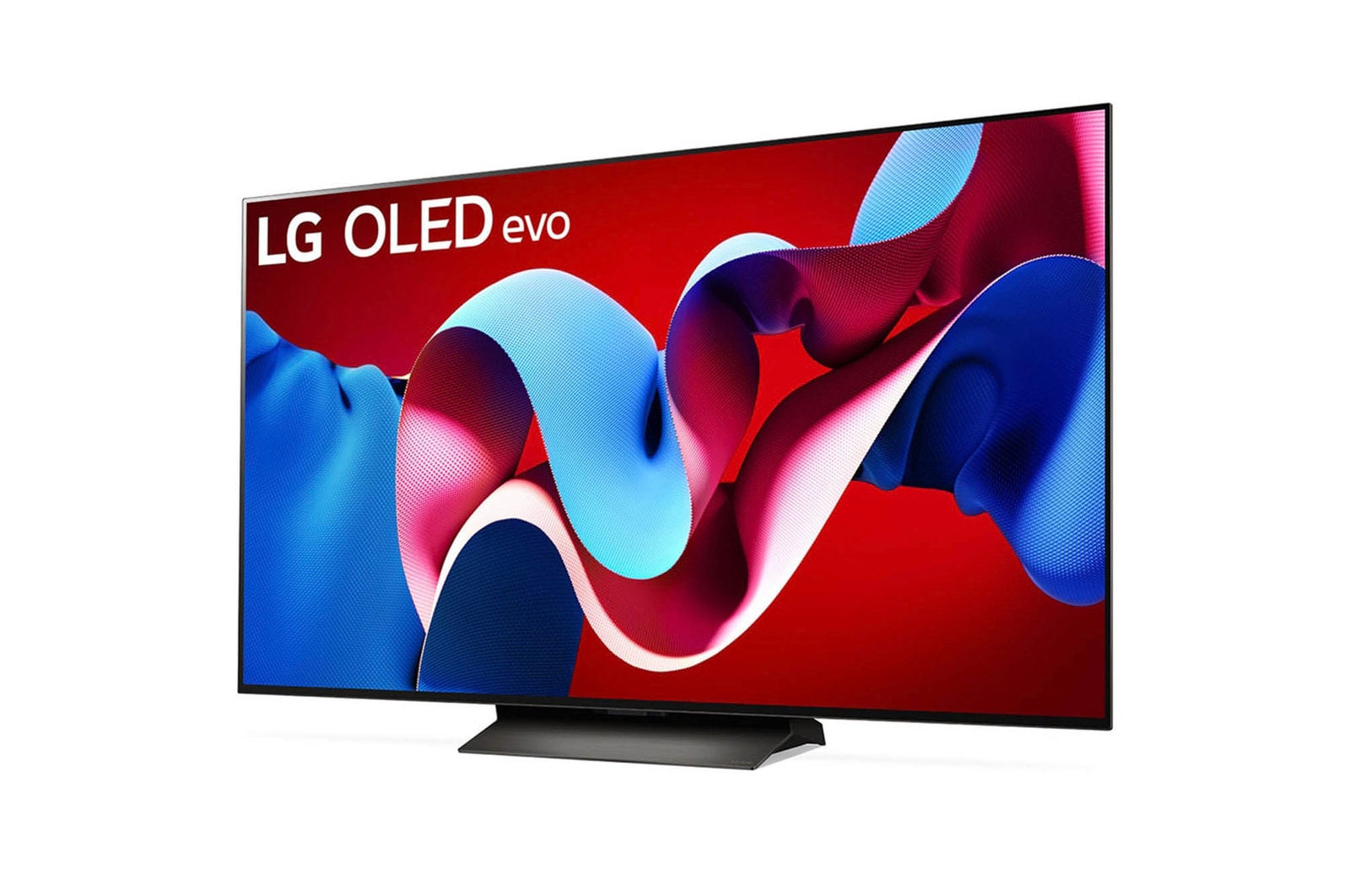 Schr?gansicht von links auf den LG OLED evo AI C4 4K Smart TV mit brillanter Bilddarstellung und webOS-Branding