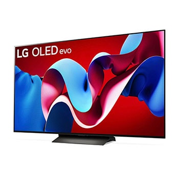 Schr?gansicht von links auf den LG OLED evo AI C4 4K Smart TV mit brillanter Bilddarstellung und webOS-Branding
