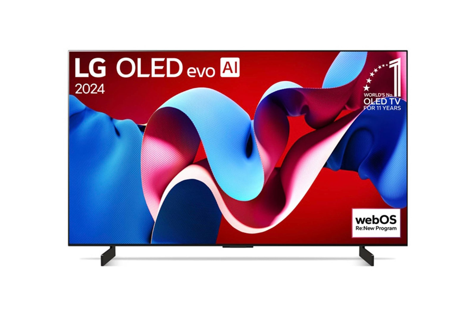 Frontansicht des LG OLED evo AI C4 4K Smart TV mit farbigem Display und Standfü?en.