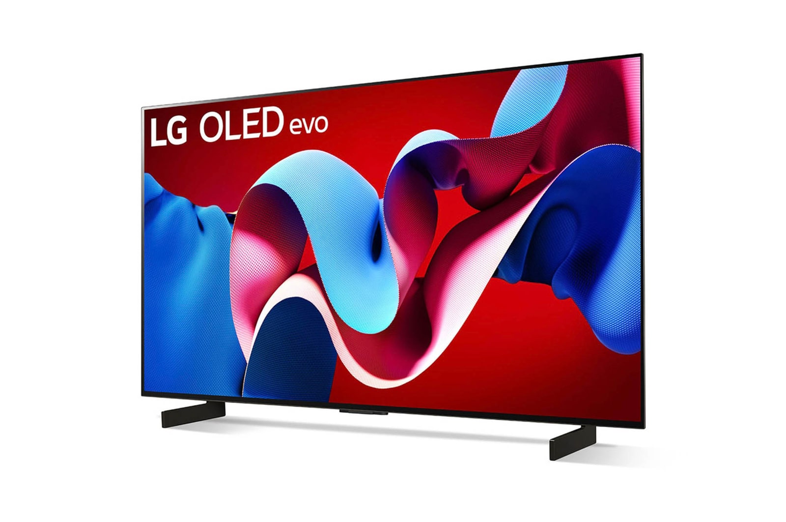 Schr?gansicht von vorne links des LG OLED evo AI C4 4K Smart TV mit Dual-Standfü?en.