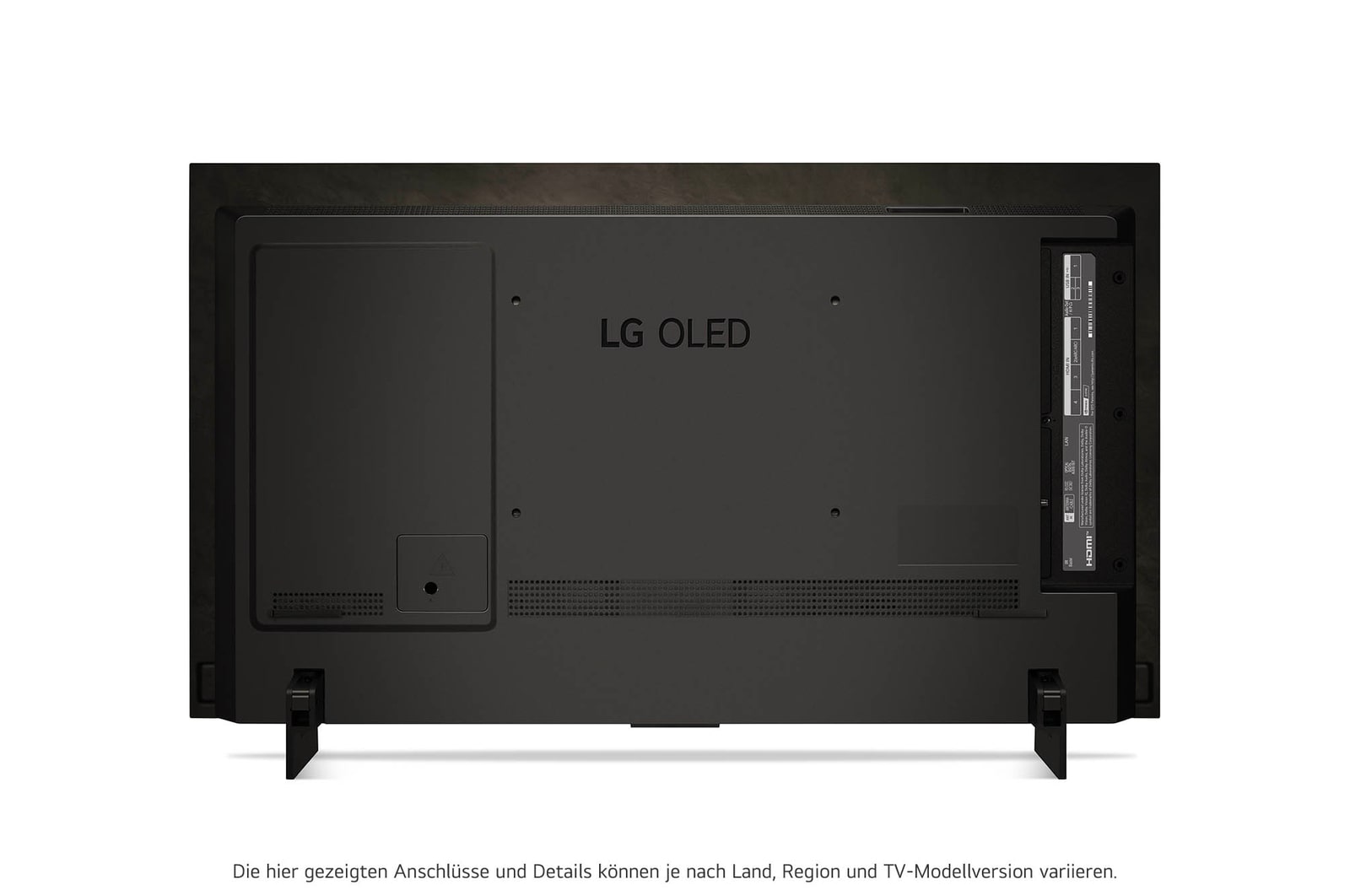 Rückansicht des LG OLED evo AI C4 4K Smart TV mit mittiger Standfu?position und Anschlussfeld.