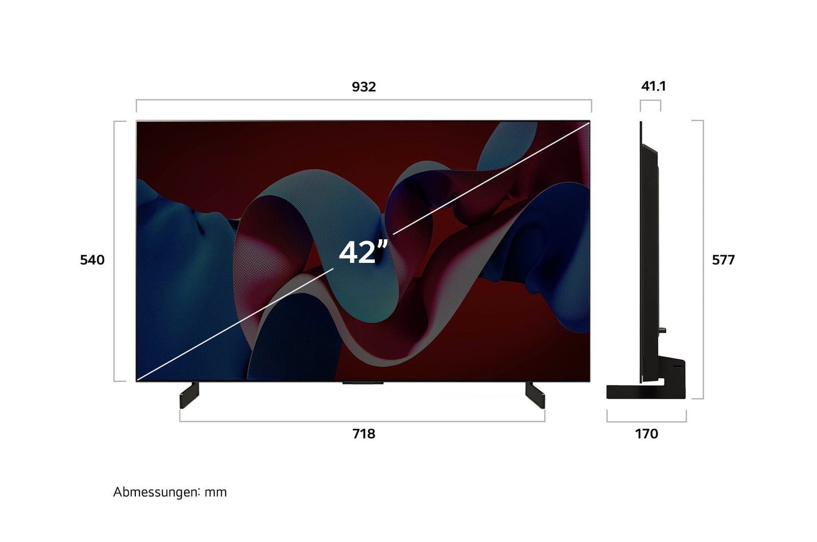 Abmessungen des 42" LG OLED evo AI C4: Breite 932?mm, H?he 577?mm, Tiefe 41,1?mm, Standfu?: 718×170?mm.