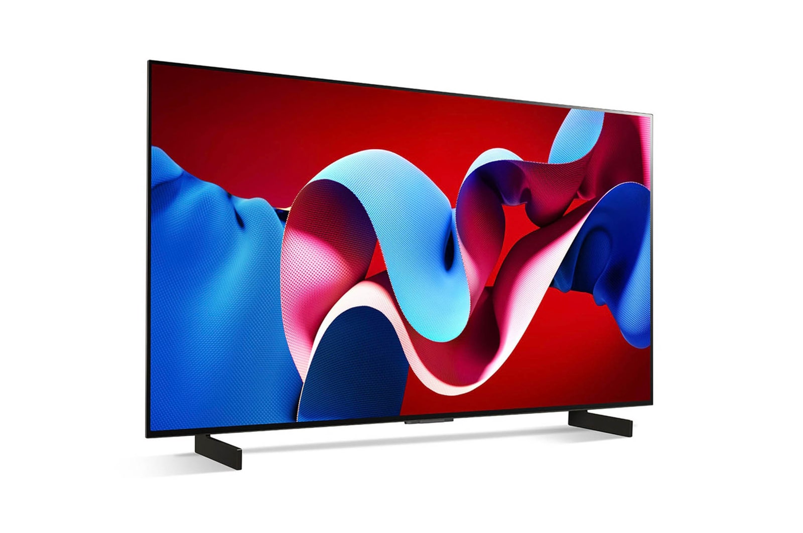 Schr?gansicht von vorne links des LG OLED evo AI C4 4K Smart TV mit leuchtendem Display.