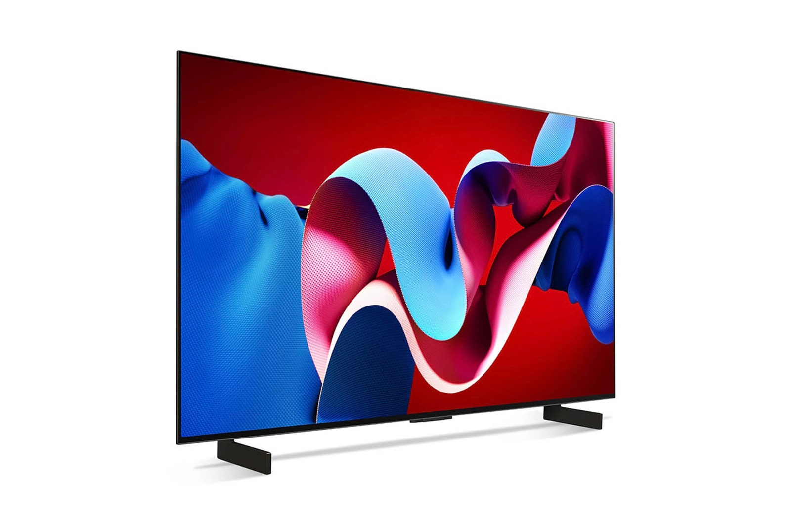 Schr?gansicht von vorne rechts des LG OLED evo AI C4 4K Smart TV mit Dual-Standfü?en.
