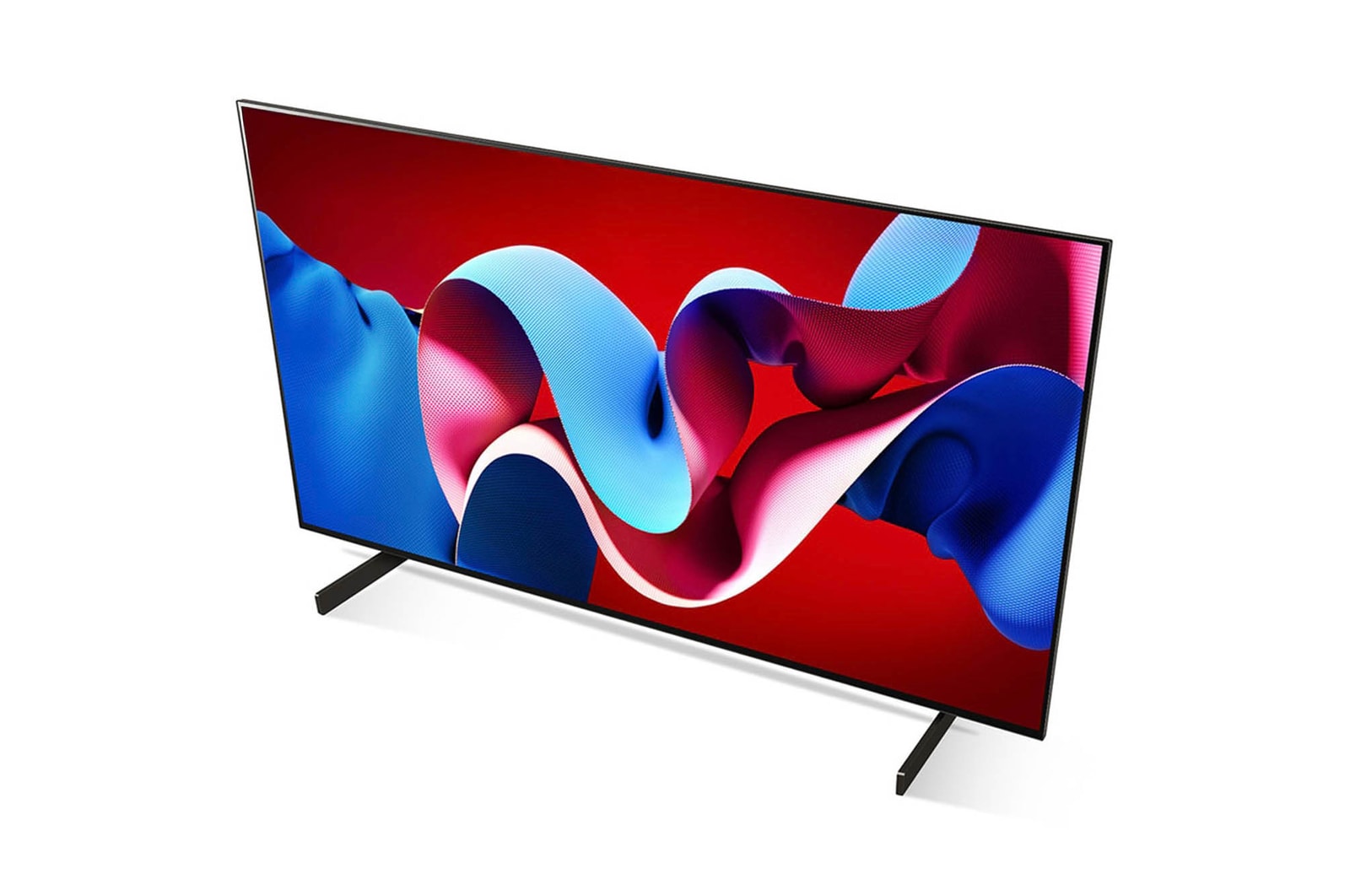 Ansicht von oben links auf den LG OLED evo AI C4 4K Smart TV mit sichtbaren Standfü?en.