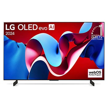 Frontansicht des LG OLED evo AI C4 4K Smart TV mit farbigem Display und Standfü?en.
