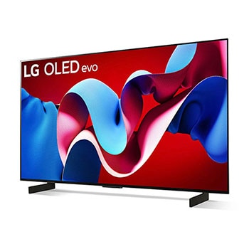 Schr?gansicht von vorne links des LG OLED evo AI C4 4K Smart TV mit Dual-Standfü?en.