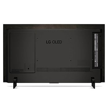 Rückansicht des LG OLED evo AI C4 4K Smart TV mit mittiger Standfu?position und Anschlussfeld.