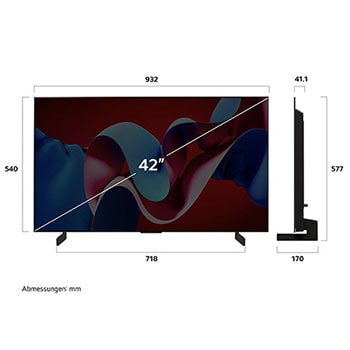 Abmessungen des 42" LG OLED evo AI C4: Breite 932?mm, H?he 577?mm, Tiefe 41,1?mm, Standfu?: 718×170?mm.