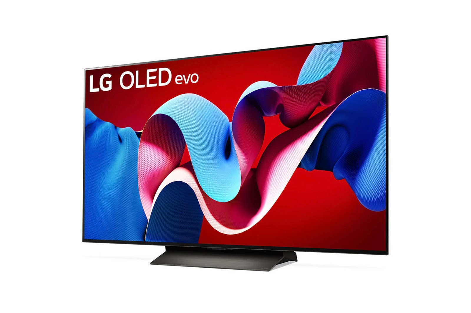 Schr?gansicht von links auf den LG OLED evo AI C4 4K Smart TV mit brillanter Bilddarstellung und webOS-Branding