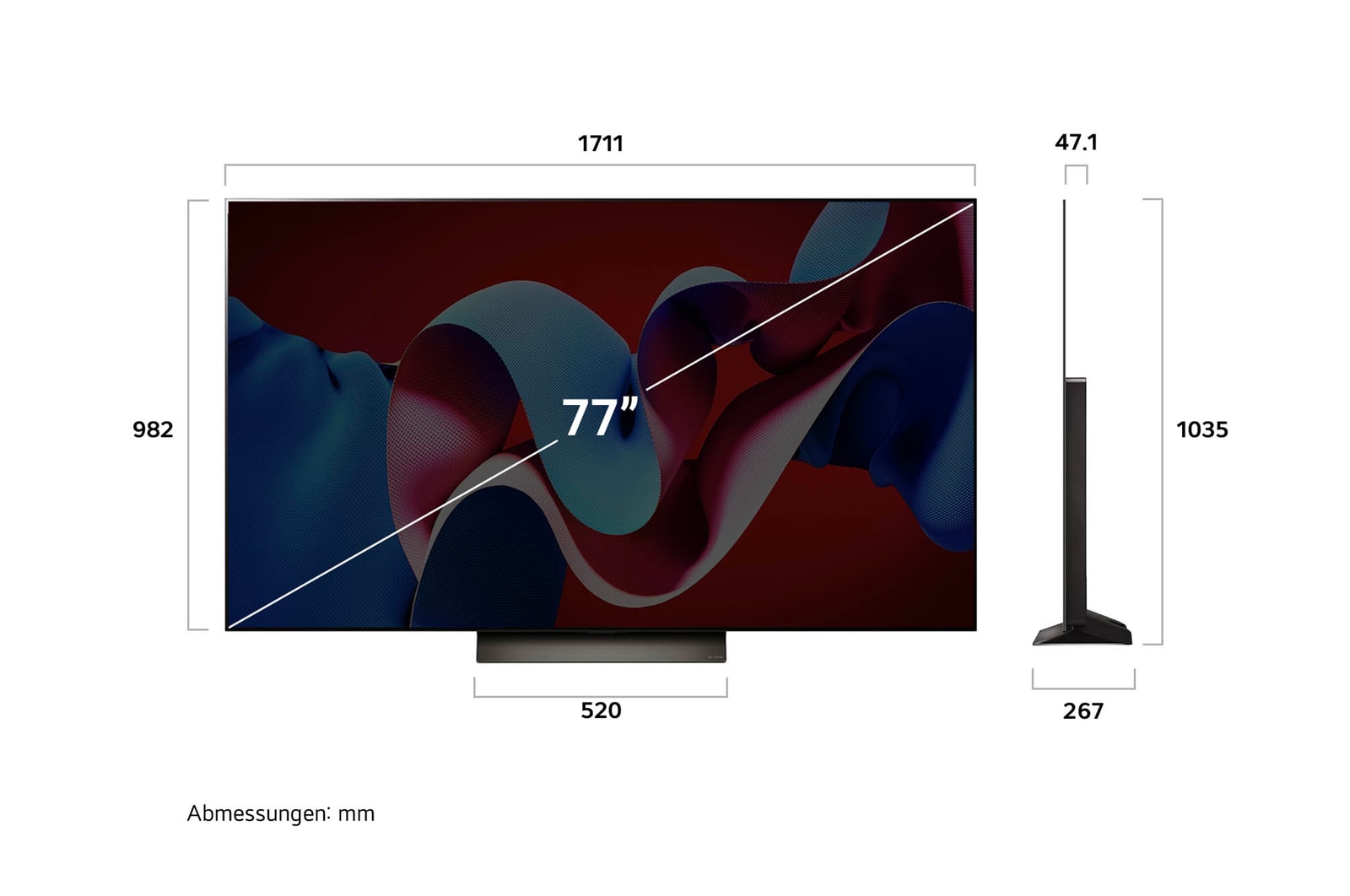 Ma?zeichnung des 77-Zoll LG OLED evo AI C4 4K Smart TV mit Abmessungen in Millimetern
