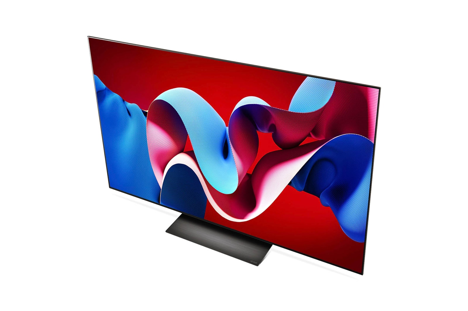 Obere Front-Schr?gansicht des LG OLED evo AI C4 4K Smart TV mit flachem Profil und intensiver Farbdarstellung