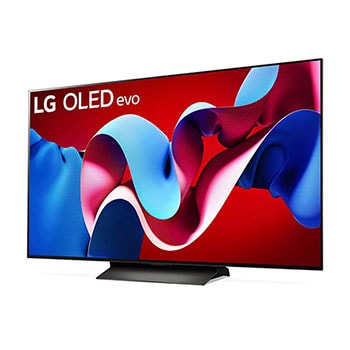 Schr?gansicht von links auf den LG OLED evo AI C4 4K Smart TV mit brillanter Bilddarstellung und webOS-Branding