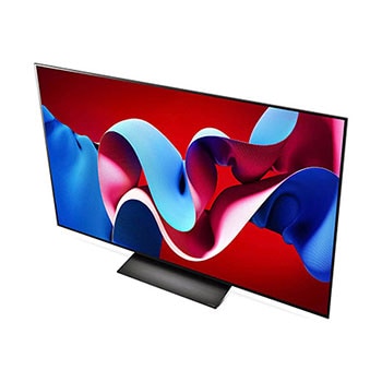 Obere Front-Schr?gansicht des LG OLED evo AI C4 4K Smart TV mit flachem Profil und intensiver Farbdarstellung